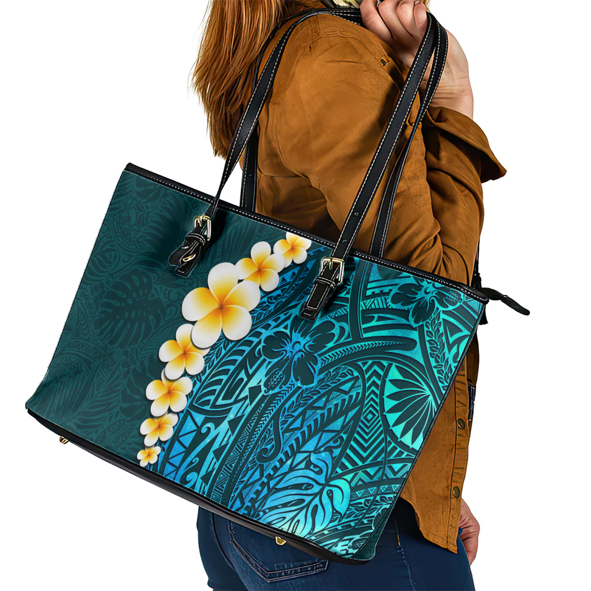 Turquosie Polynesia Leather Tote Bag Plumeria Tropical Leaves With Galaxy Polynesian Art LT14 - Polynesian Pride