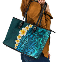 Turquosie Polynesia Leather Tote Bag Plumeria Tropical Leaves With Galaxy Polynesian Art LT14 - Polynesian Pride