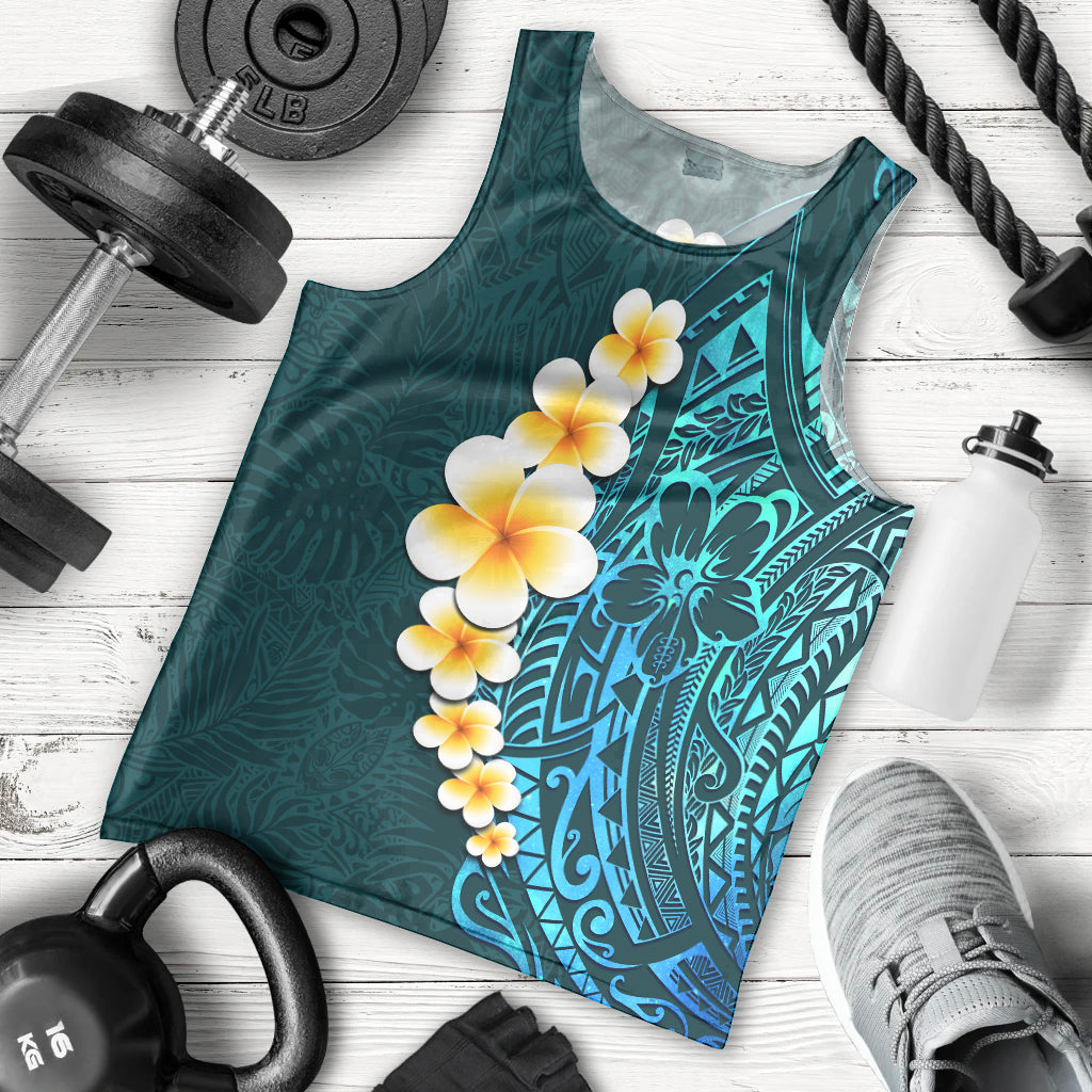 Turquosie Polynesia Men Tank Top Plumeria Tropical Leaves With Galaxy Polynesian Art LT14 - Polynesian Pride