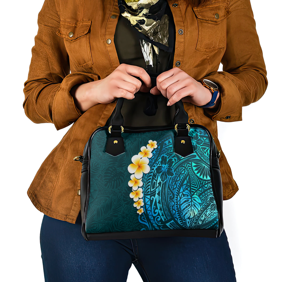 Turquosie Polynesia Shoulder Handbag Plumeria Tropical Leaves With Galaxy Polynesian Art LT14 - Polynesian Pride