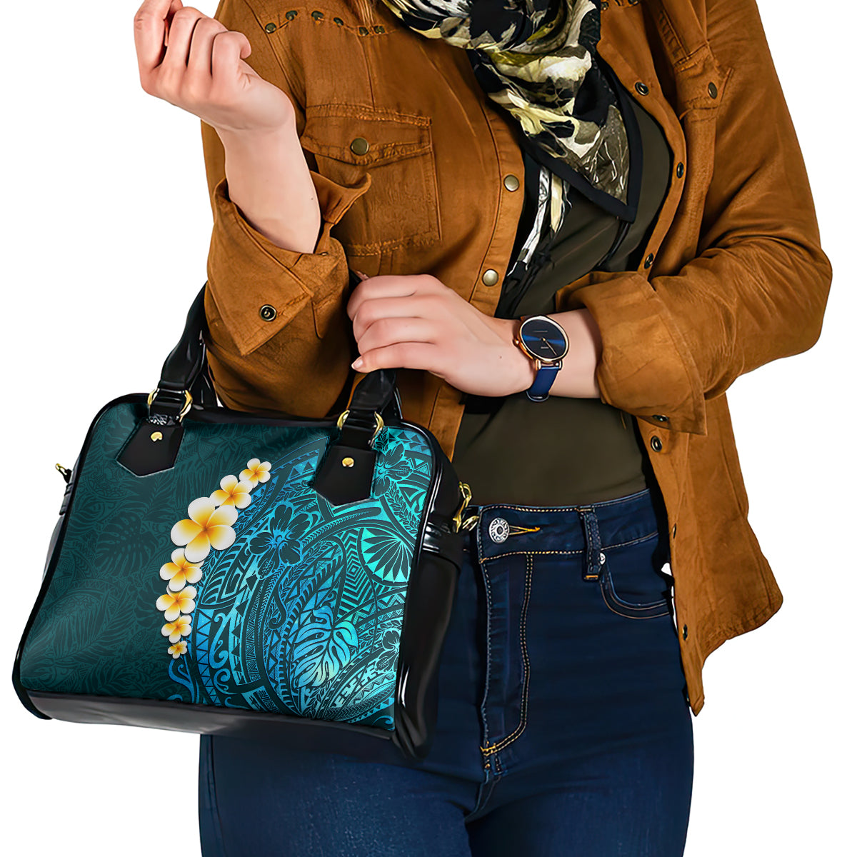 Turquosie Polynesia Shoulder Handbag Plumeria Tropical Leaves With Galaxy Polynesian Art LT14 - Polynesian Pride