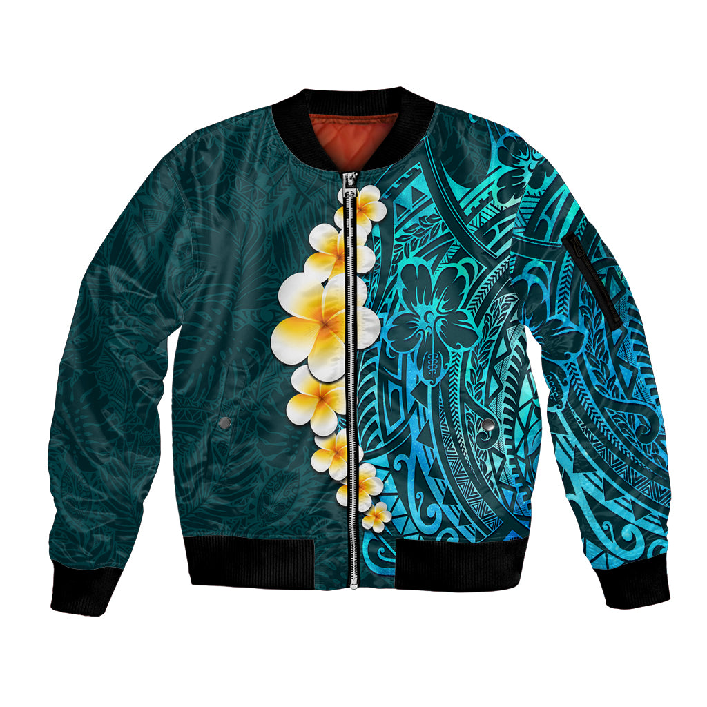 Turquosie Polynesia Sleeve Zip Bomber Jacket Plumeria Tropical Leaves With Galaxy Polynesian Art LT14 Unisex Turquoise - Polynesian Pride