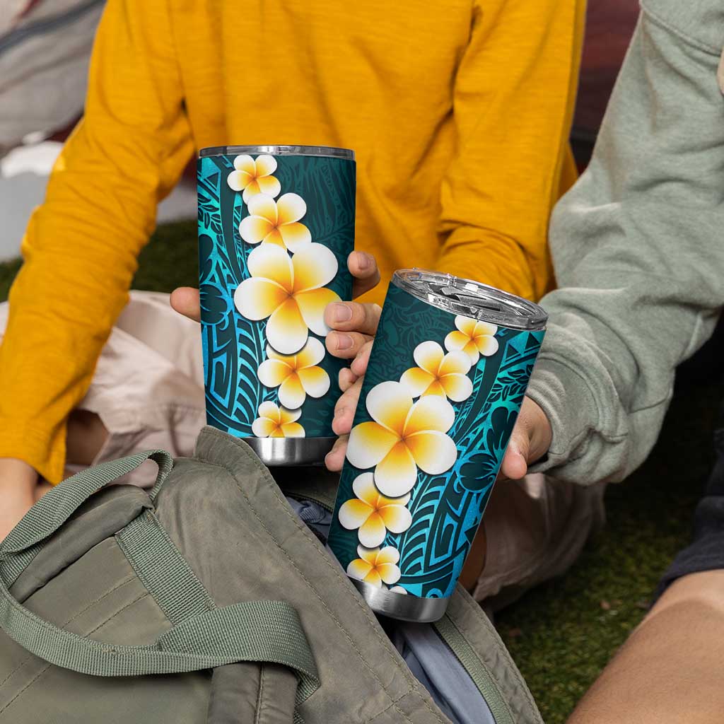 Turquosie Polynesia Tumbler Cup Plumeria Tropical Leaves With Galaxy Polynesian Art