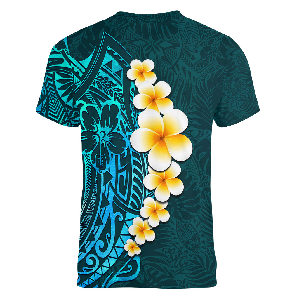 Turquosie Polynesia Women V Neck T Shirt Plumeria Tropical Leaves With Galaxy Polynesian Art LT14 - Polynesian Pride