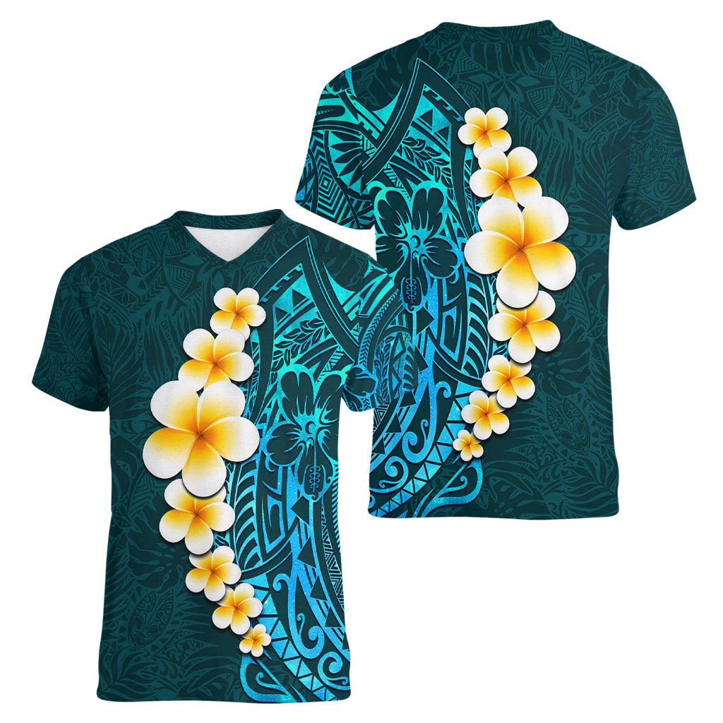 Turquosie Polynesia Women V Neck T Shirt Plumeria Tropical Leaves With Galaxy Polynesian Art LT14 - Polynesian Pride