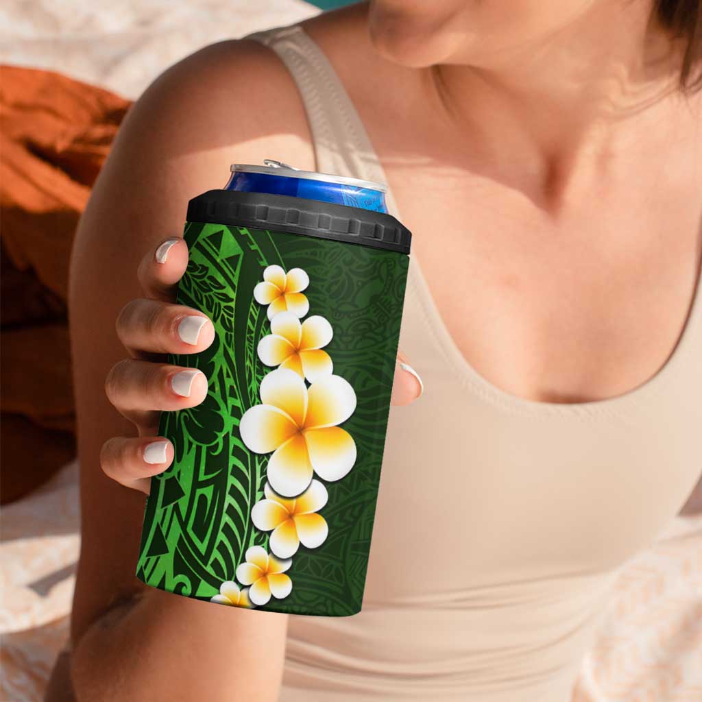 Green Polynesia 4 in 1 Can Cooler Tumbler Plumeria Tropical Leaves With Galaxy Polynesian Art