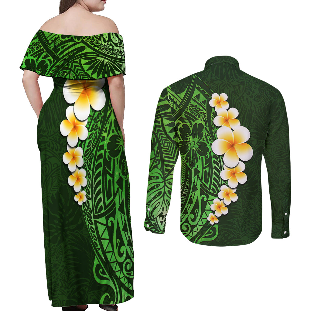 Green Polynesia Couples Matching Off Shoulder Maxi Dress and Long Sleeve Button Shirt Plumeria Tropical Leaves With Galaxy Polynesian Art LT14 - Polynesian Pride