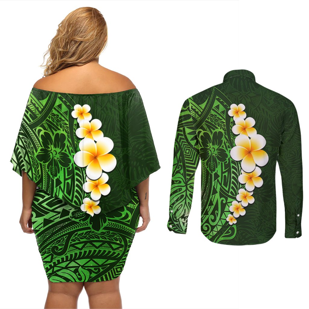 Green Polynesia Couples Matching Off Shoulder Short Dress and Long Sleeve Button Shirt Plumeria Tropical Leaves With Galaxy Polynesian Art LT14 - Polynesian Pride