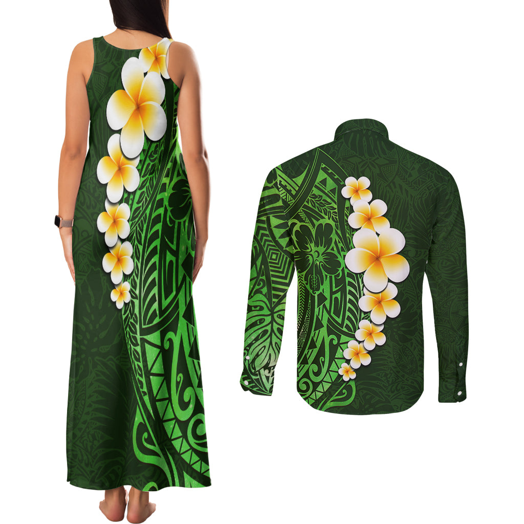 Green Polynesia Couples Matching Tank Maxi Dress and Long Sleeve Button Shirt Plumeria Tropical Leaves With Galaxy Polynesian Art LT14 - Polynesian Pride
