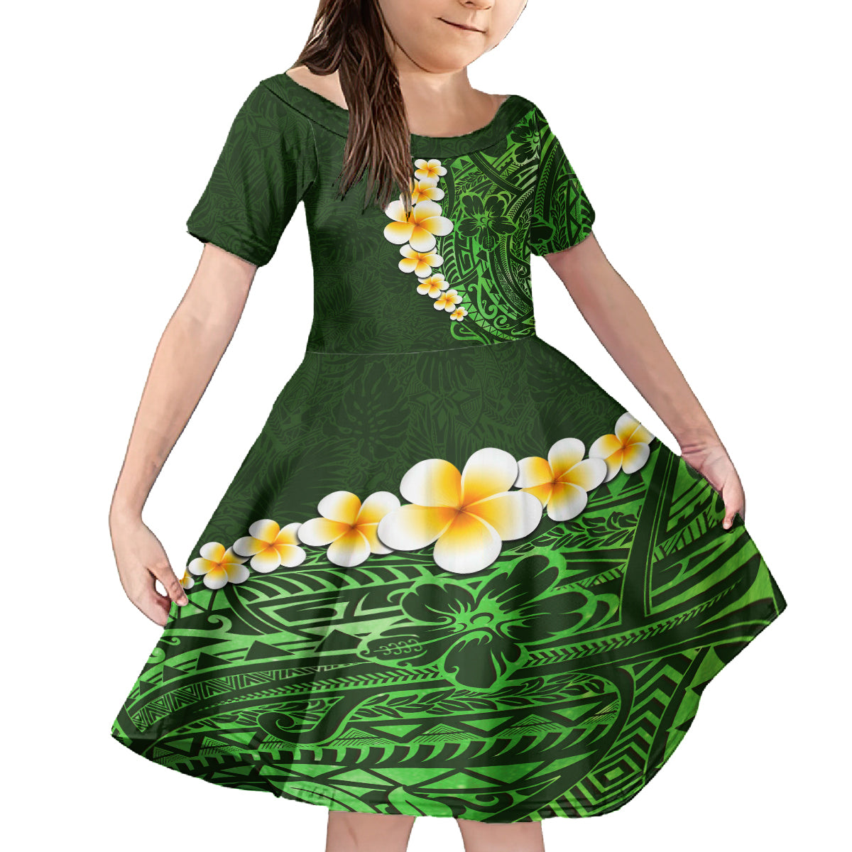 Green Polynesia Family Matching Off Shoulder Long Sleeve Dress and Hawaiian Shirt Plumeria Tropical Leaves With Galaxy Polynesian Art LT14 Daughter's Dress Green - Polynesian Pride