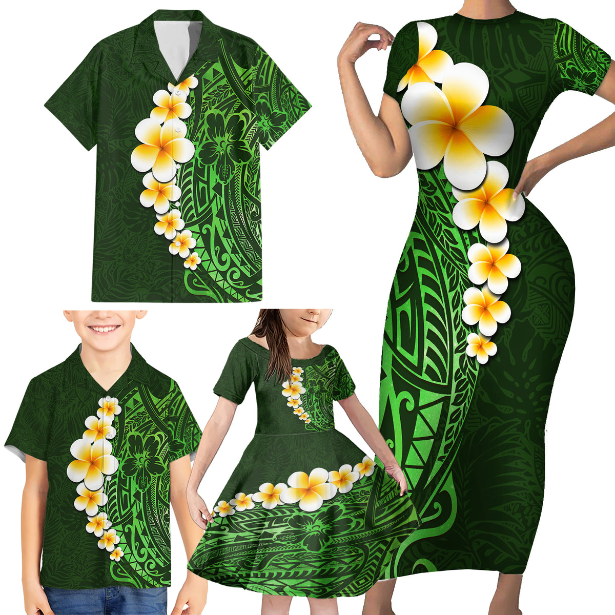 Green Polynesia Family Matching Short Sleeve Bodycon Dress and Hawaiian Shirt Plumeria Tropical Leaves With Galaxy Polynesian Art LT14 - Polynesian Pride