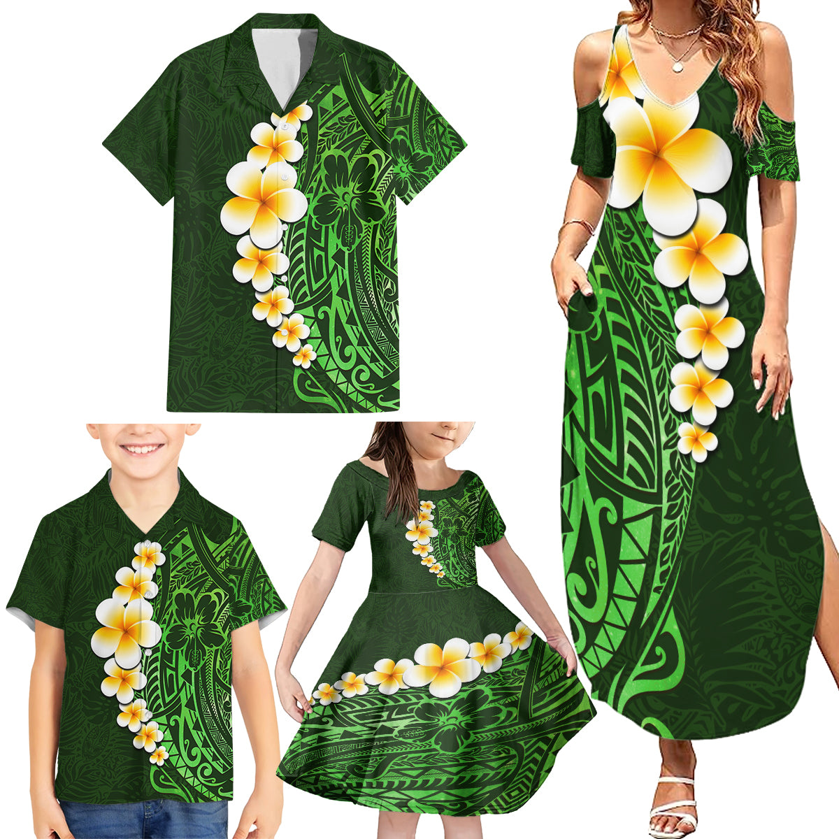 Green Polynesia Family Matching Summer Maxi Dress and Hawaiian Shirt Plumeria Tropical Leaves With Galaxy Polynesian Art LT14 - Polynesian Pride