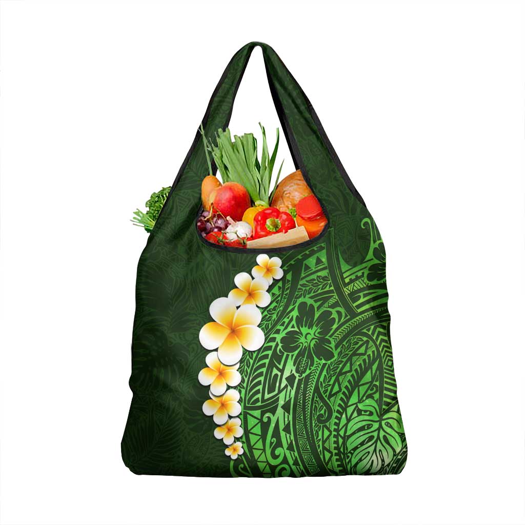 Green Polynesia Grocery Bag Plumeria Tropical Leaves With Galaxy Polynesian Art