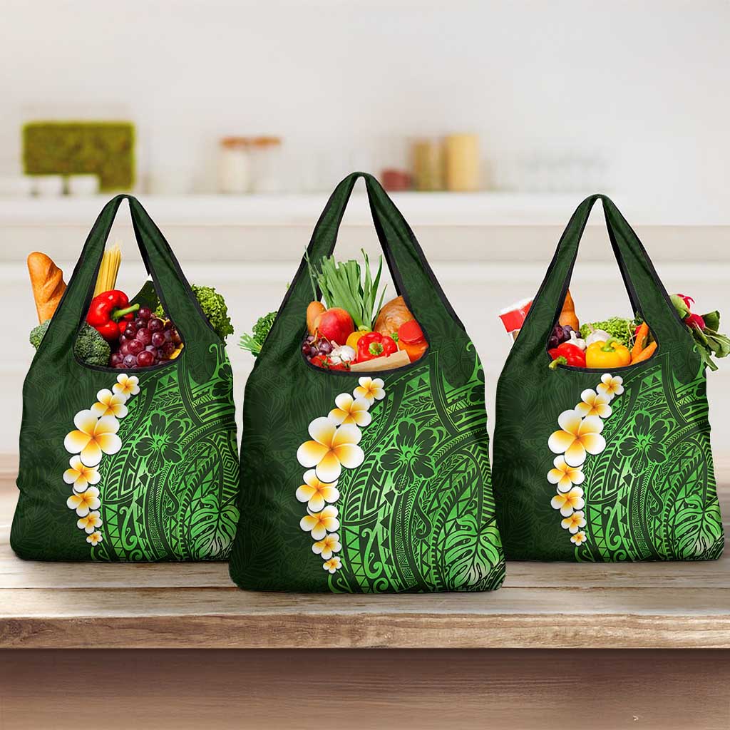 Green Polynesia Grocery Bag Plumeria Tropical Leaves With Galaxy Polynesian Art