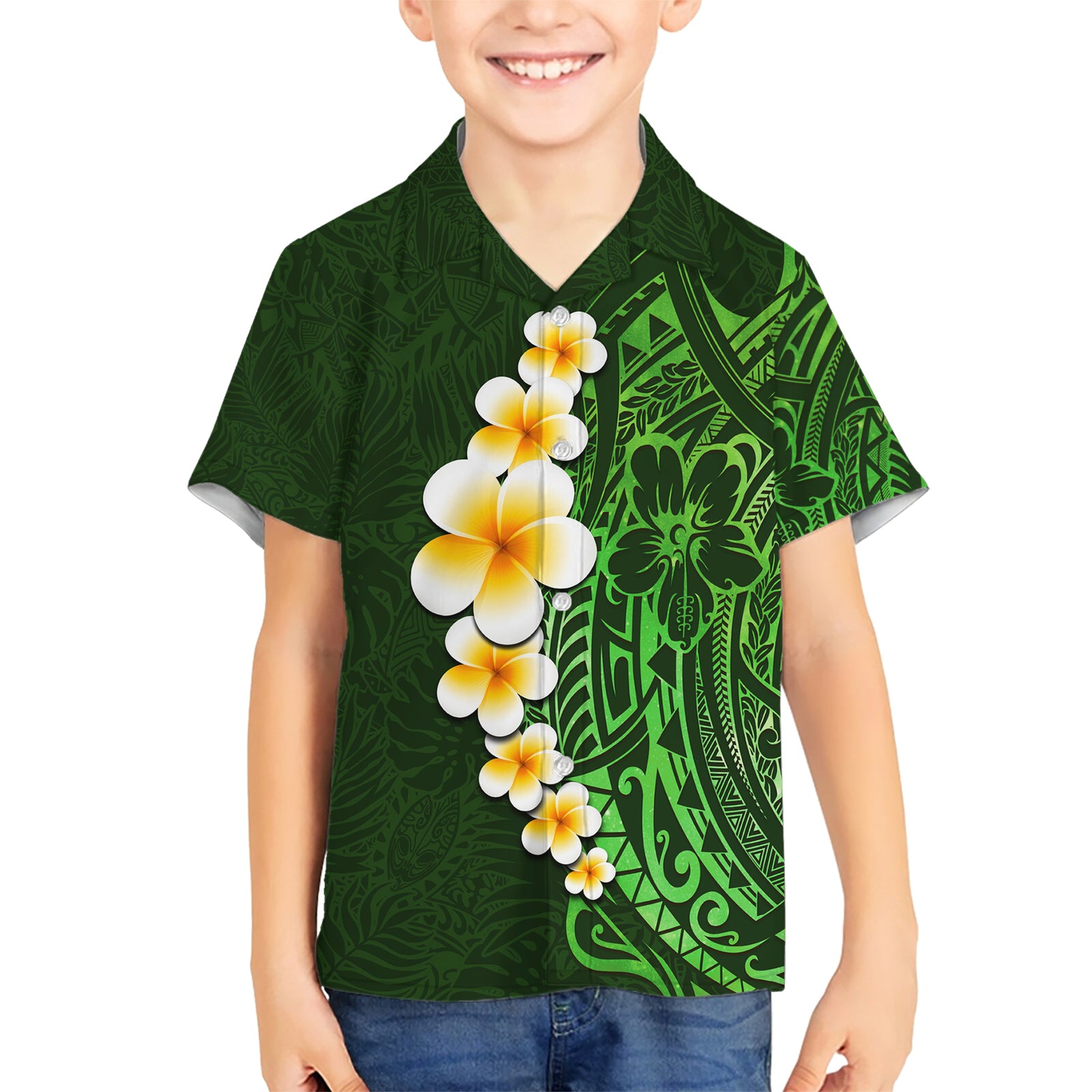 Green Polynesia Kid Hawaiian Shirt Plumeria Tropical Leaves With Galaxy Polynesian Art LT14 Kid Green - Polynesian Pride