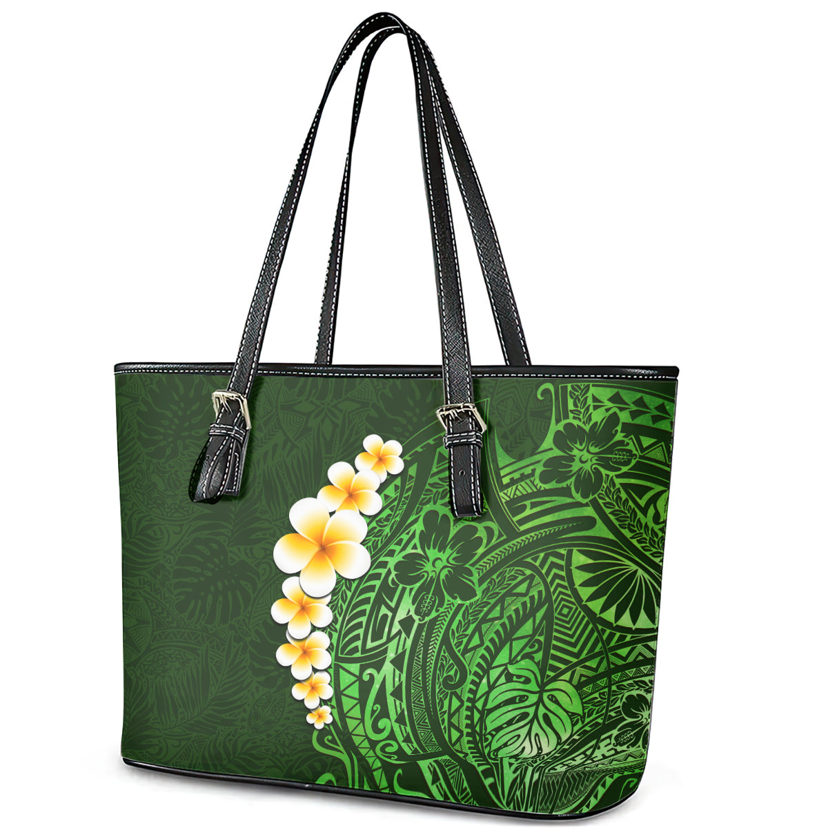 Green Polynesia Leather Tote Bag Plumeria Tropical Leaves With Galaxy Polynesian Art LT14 - Polynesian Pride