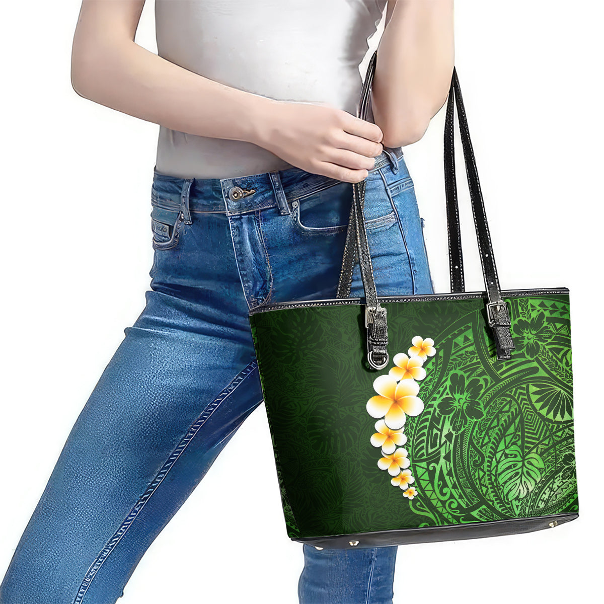 Green Polynesia Leather Tote Bag Plumeria Tropical Leaves With Galaxy Polynesian Art LT14 - Polynesian Pride