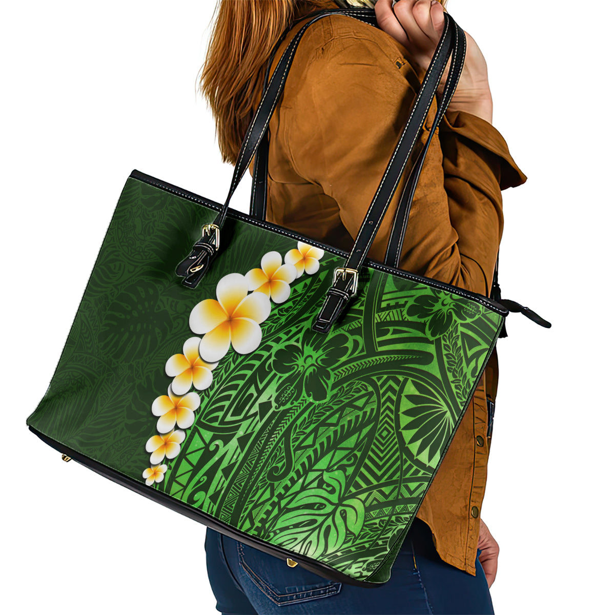 Green Polynesia Leather Tote Bag Plumeria Tropical Leaves With Galaxy Polynesian Art LT14 - Polynesian Pride