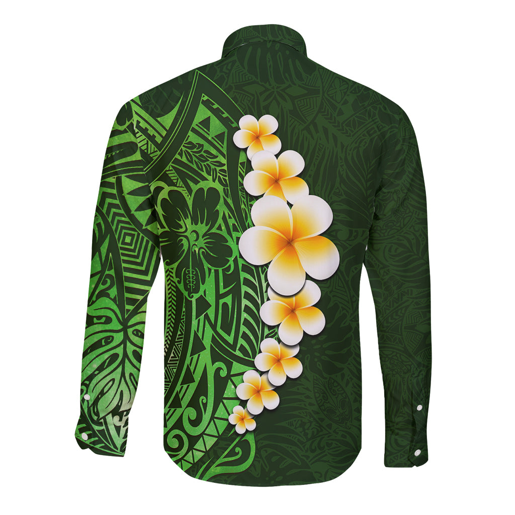 Green Polynesia Long Sleeve Button Shirt Plumeria Tropical Leaves With Galaxy Polynesian Art LT14 - Polynesian Pride