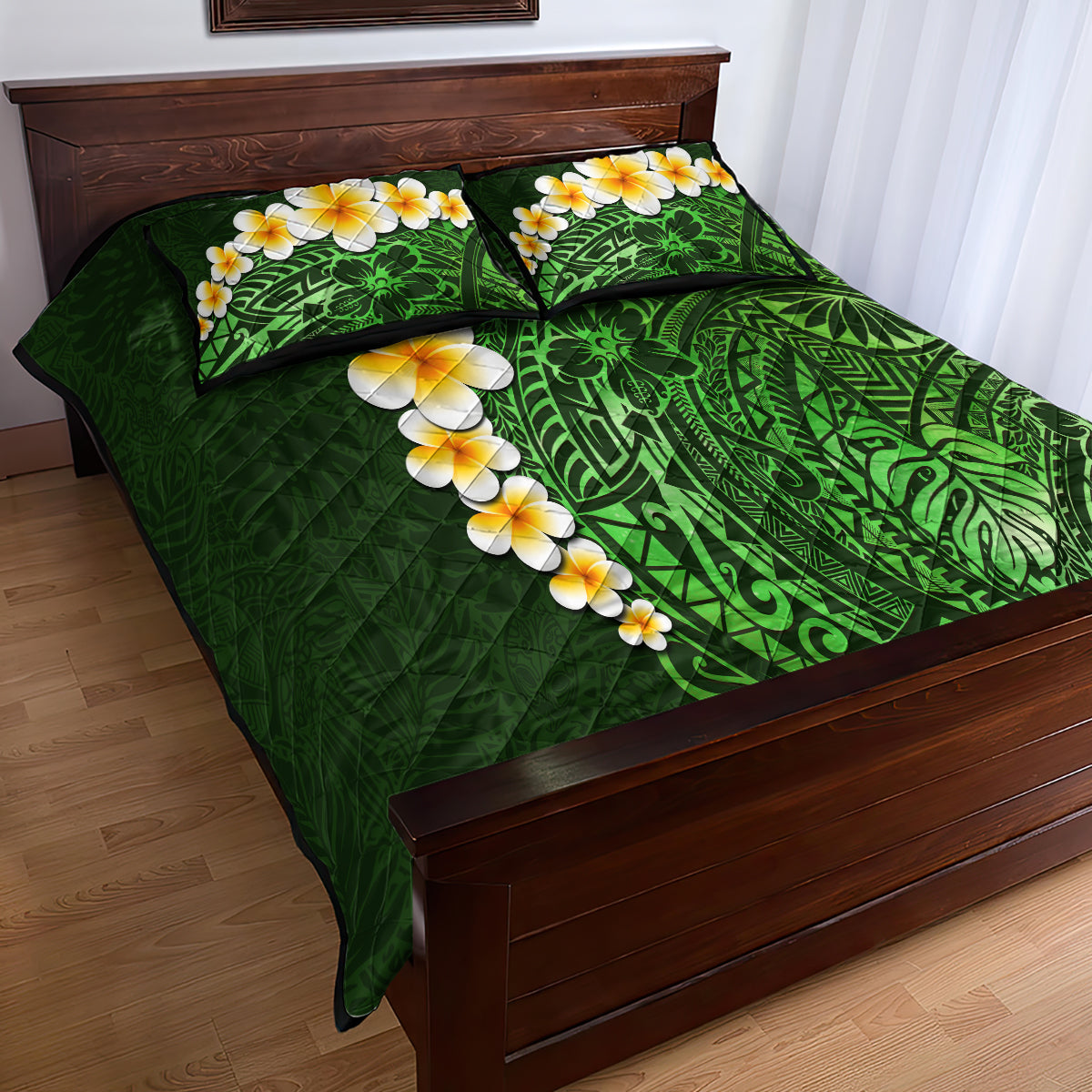 Green Polynesia Quilt Bed Set Plumeria Tropical Leaves With Galaxy Polynesian Art LT14 - Polynesian Pride