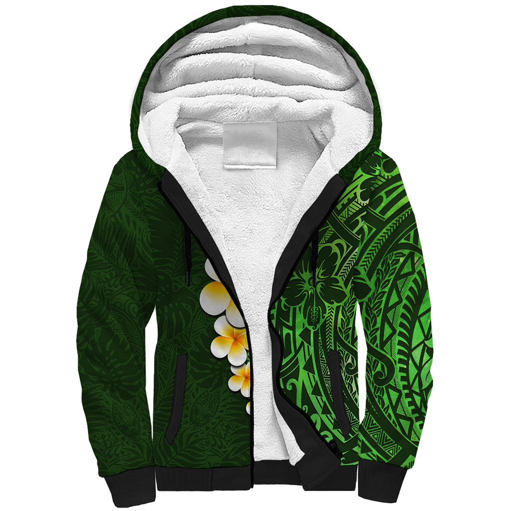 Green Polynesia Sherpa Hoodie Plumeria Tropical Leaves With Galaxy Polynesian Art LT14 Unisex Green - Polynesian Pride