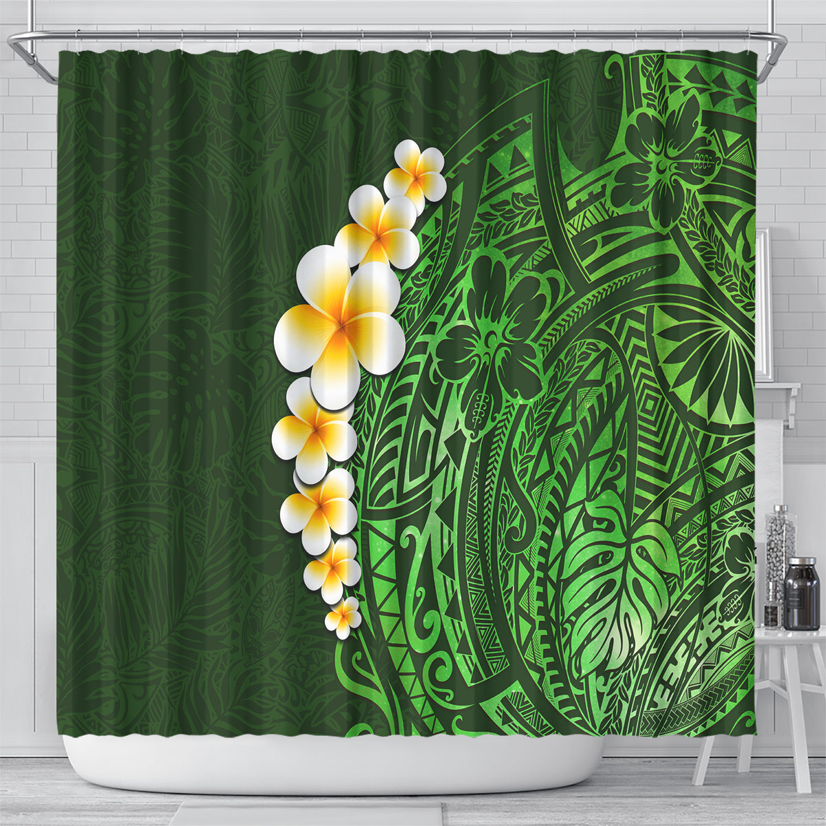 Green Polynesia Shower Curtain Plumeria Tropical Leaves With Galaxy Polynesian Art LT14 - Polynesian Pride