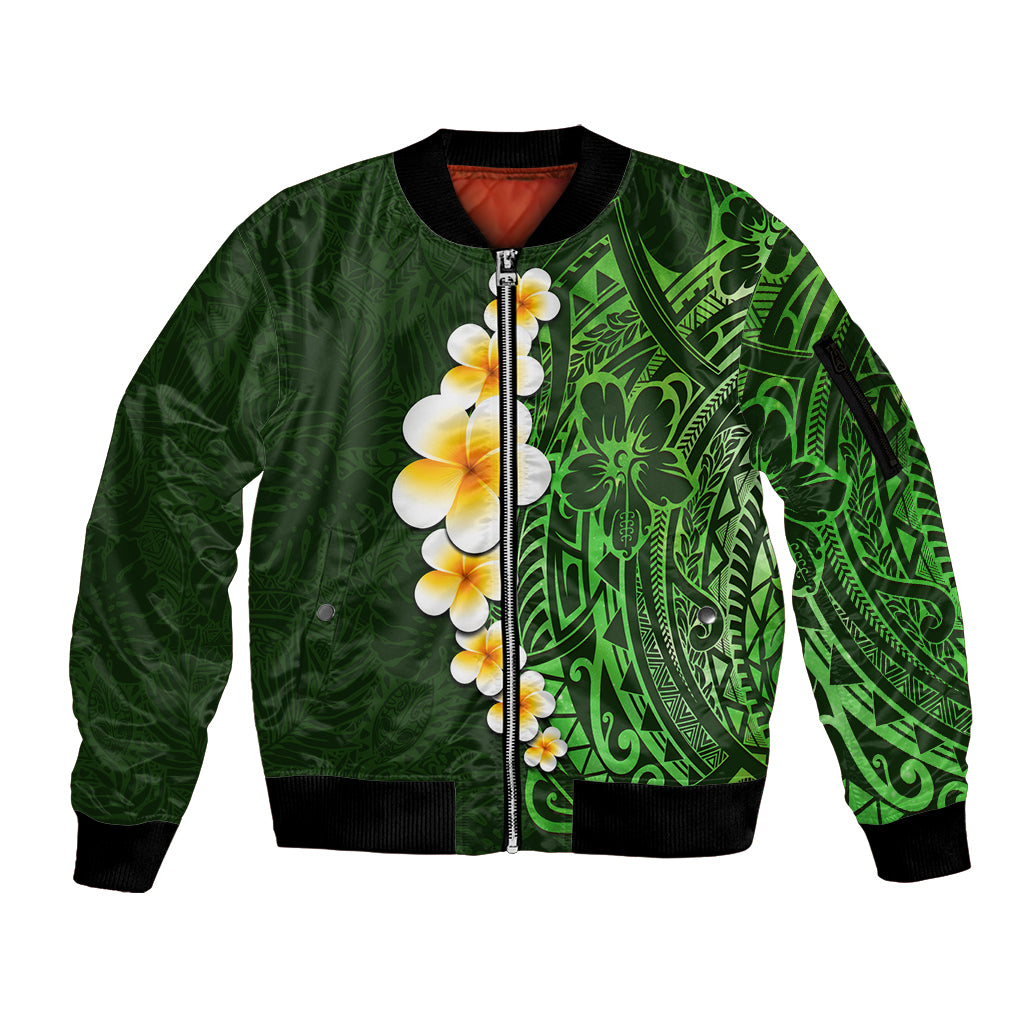Green Polynesia Sleeve Zip Bomber Jacket Plumeria Tropical Leaves With Galaxy Polynesian Art LT14 Unisex Green - Polynesian Pride