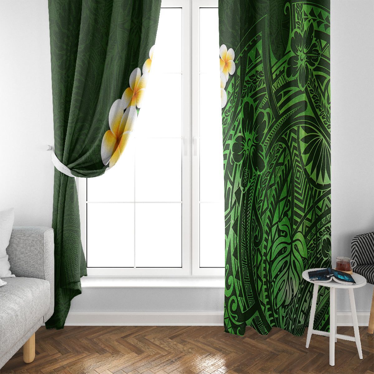 Green Polynesia Window Curtain Plumeria Tropical Leaves With Galaxy Polynesian Art LT14 - Polynesian Pride