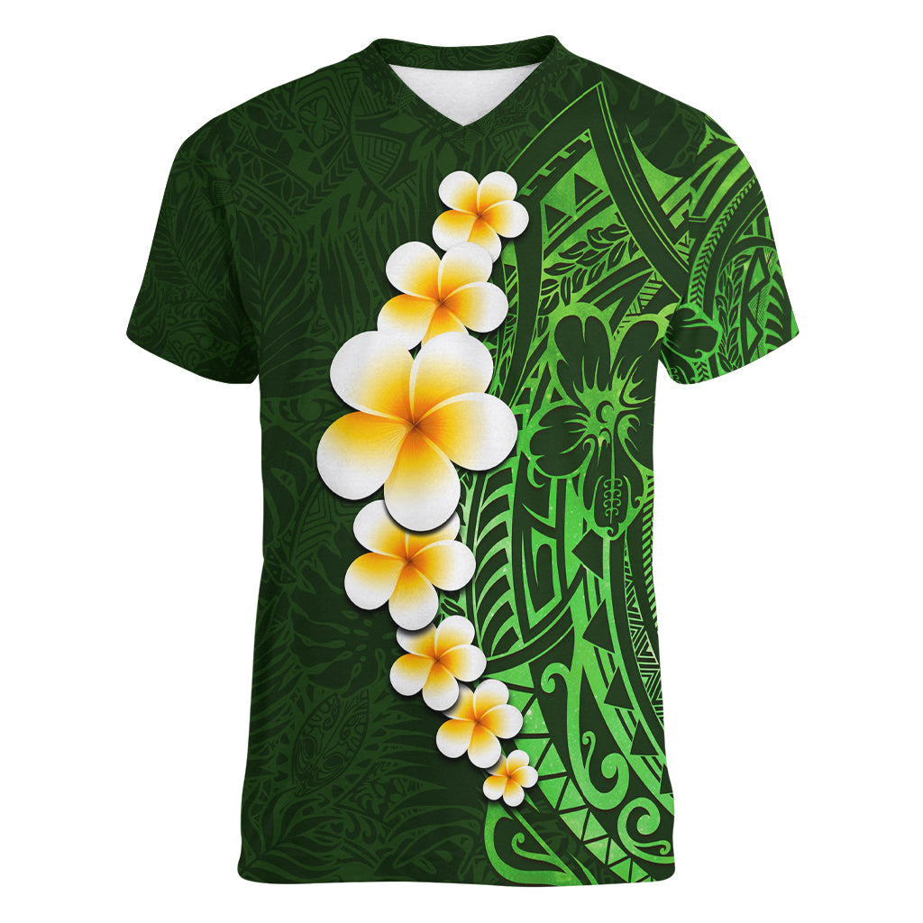 Green Polynesia Women V Neck T Shirt Plumeria Tropical Leaves With Galaxy Polynesian Art LT14 Female Green - Polynesian Pride