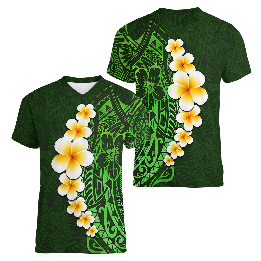 Green Polynesia Women V Neck T Shirt Plumeria Tropical Leaves With Galaxy Polynesian Art LT14 - Polynesian Pride