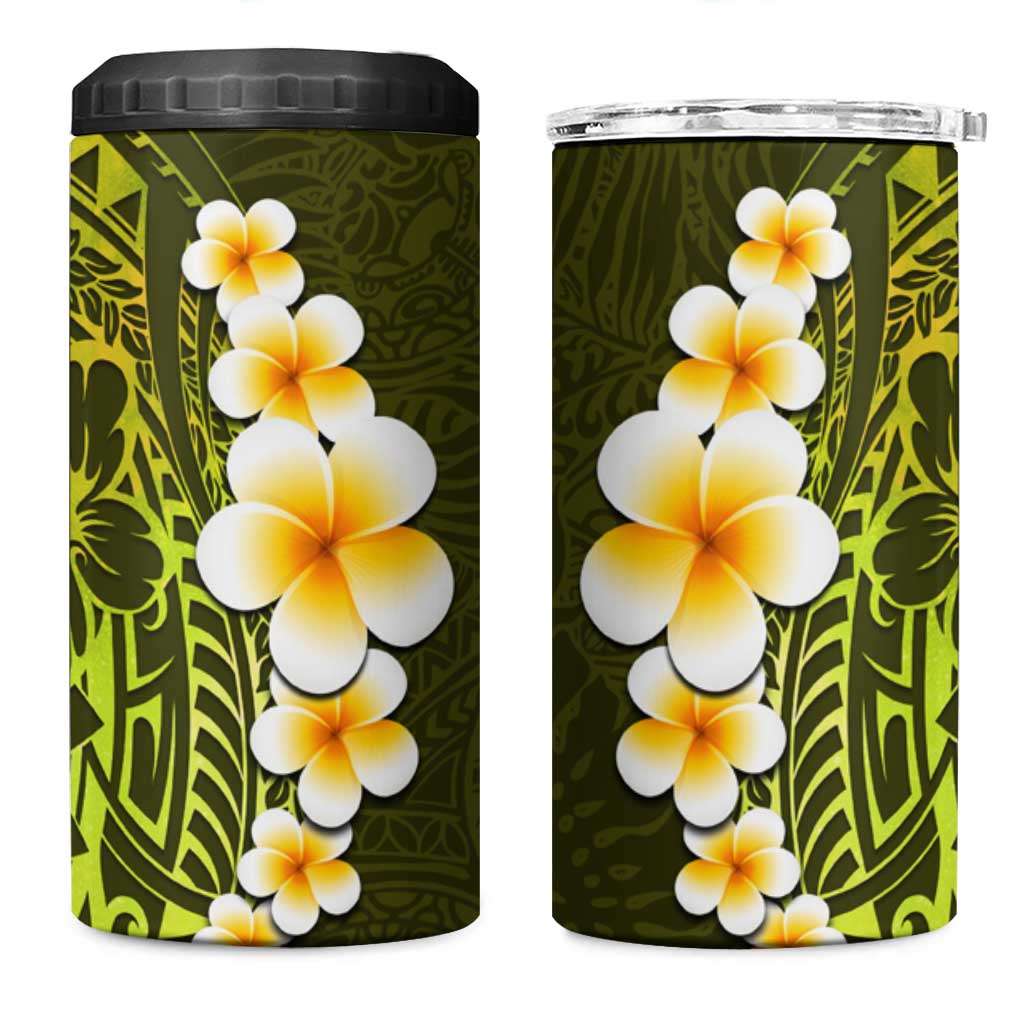 Lime Green Tropical Plumeria With Galaxy Polynesian Art 4 in 1 Can Cooler Tumbler