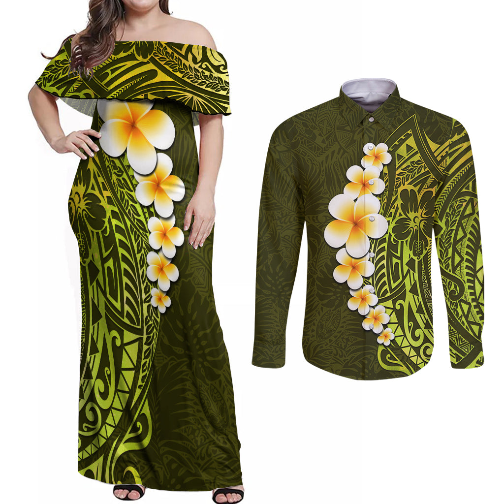 Lime Green Tropical Plumeria With Galaxy Polynesian Art Couples Matching Off Shoulder Maxi Dress and Long Sleeve Button Shirt LT14 Lime Green - Polynesian Pride