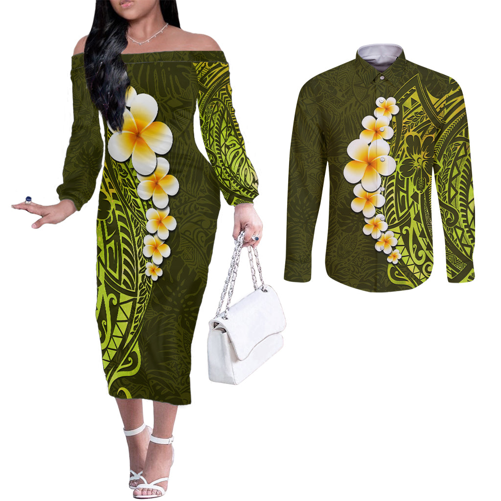 Lime Green Tropical Plumeria With Galaxy Polynesian Art Couples Matching Off The Shoulder Long Sleeve Dress and Long Sleeve Button Shirt LT14 Lime Green - Polynesian Pride
