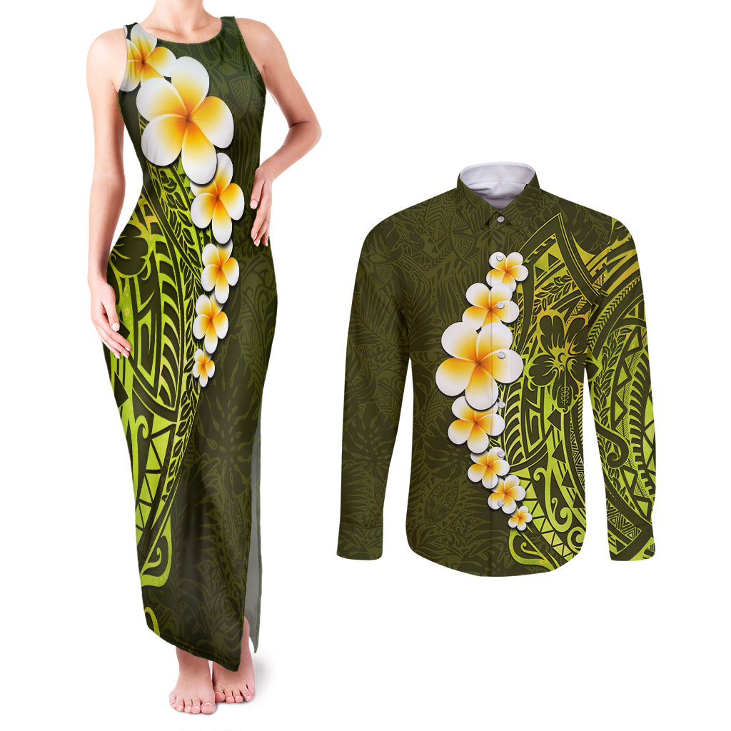 Lime Green Tropical Plumeria With Galaxy Polynesian Art Couples Matching Tank Maxi Dress and Long Sleeve Button Shirt LT14 Lime Green - Polynesian Pride