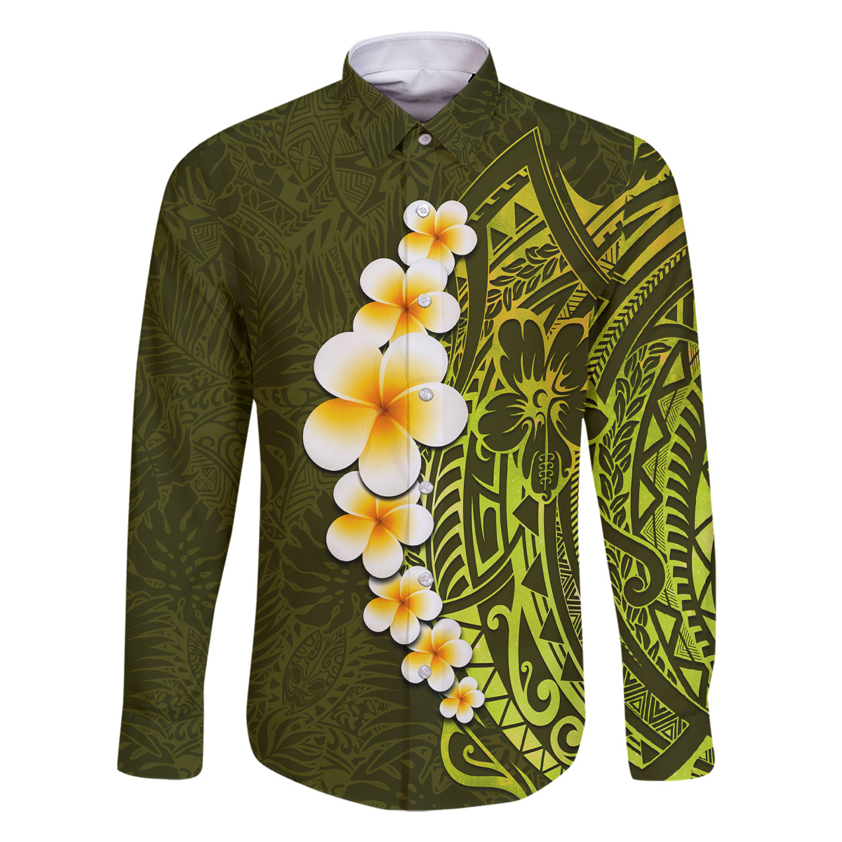 Lime Green Tropical Plumeria With Galaxy Polynesian Art Family Matching Tank Maxi Dress and Hawaiian Shirt LT14 Dad's Shirt - Long Sleeve Lime Green - Polynesian Pride