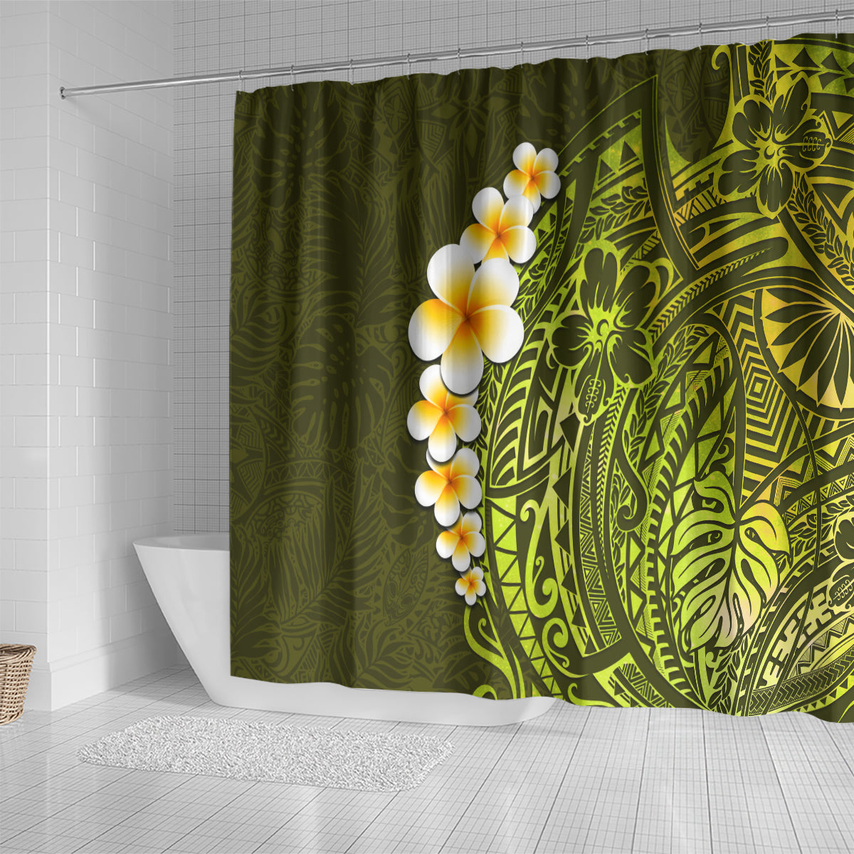 Lime Green Tropical Plumeria With Galaxy Polynesian Art Shower Curtain LT14 - Polynesian Pride