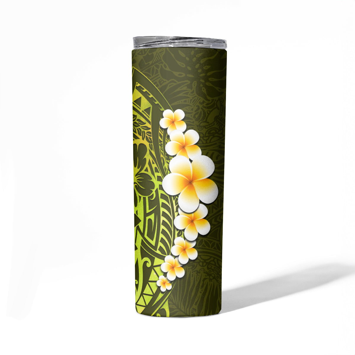 Lime Green Tropical Plumeria With Galaxy Polynesian Art Skinny Tumbler