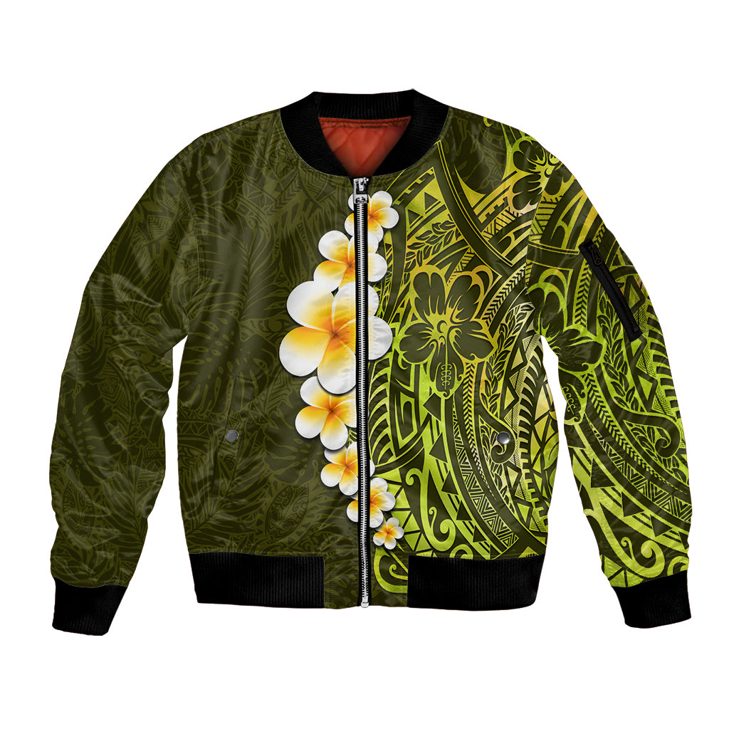 Lime Green Tropical Plumeria With Galaxy Polynesian Art Sleeve Zip Bomber Jacket LT14 Unisex Lime Green - Polynesian Pride
