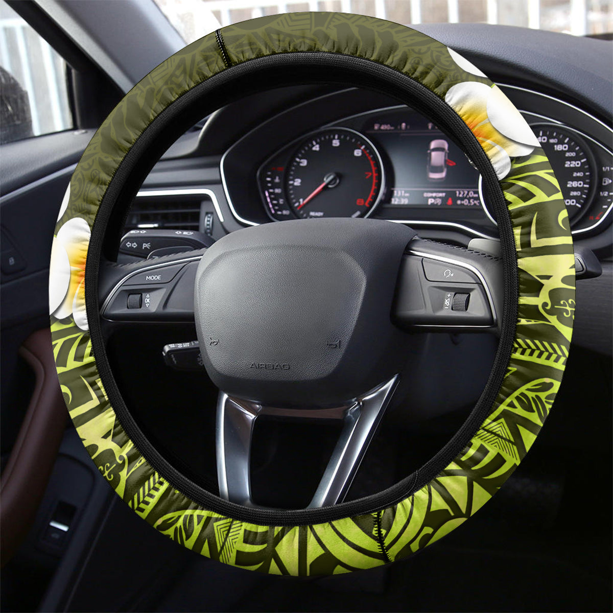 Lime Green Tropical Plumeria With Galaxy Polynesian Art Steering Wheel Cover