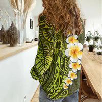 Lime Green Tropical Plumeria With Galaxy Polynesian Art Women Casual Shirt LT14 - Polynesian Pride