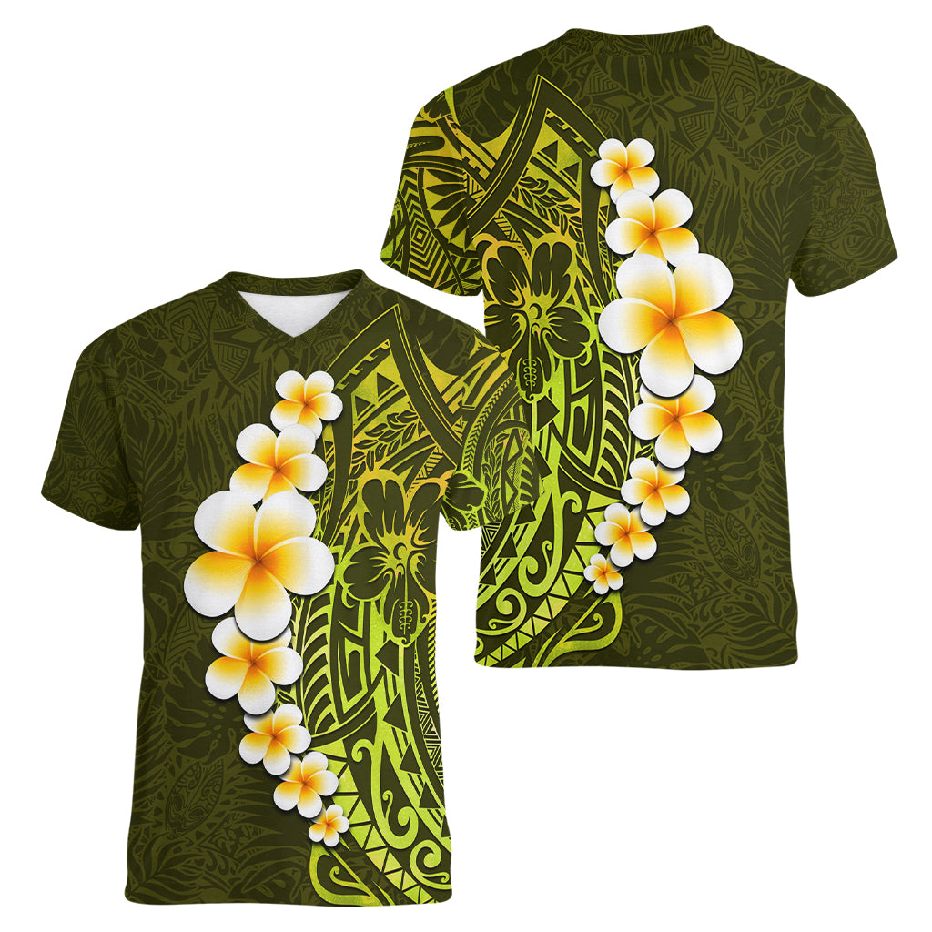 Lime Green Tropical Plumeria With Galaxy Polynesian Art Women V Neck T Shirt LT14 - Polynesian Pride