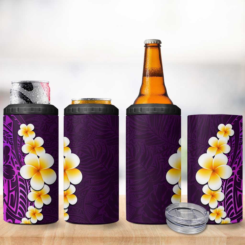 Purple Tropical Plumeria With Galaxy Polynesian Art 4 in 1 Can Cooler Tumbler