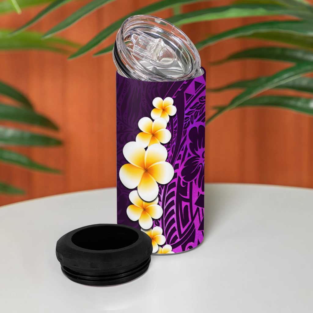Purple Tropical Plumeria With Galaxy Polynesian Art 4 in 1 Can Cooler Tumbler