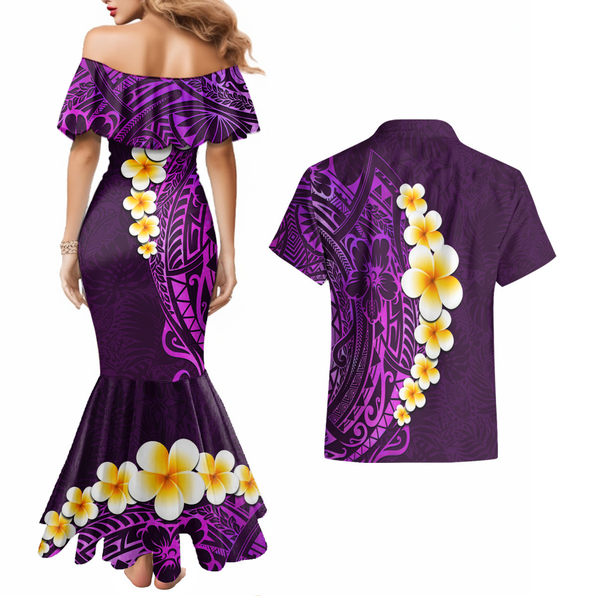Purple Tropical Plumeria With Galaxy Polynesian Art Couples Matching Mermaid Dress and Hawaiian Shirt LT14 - Polynesian Pride