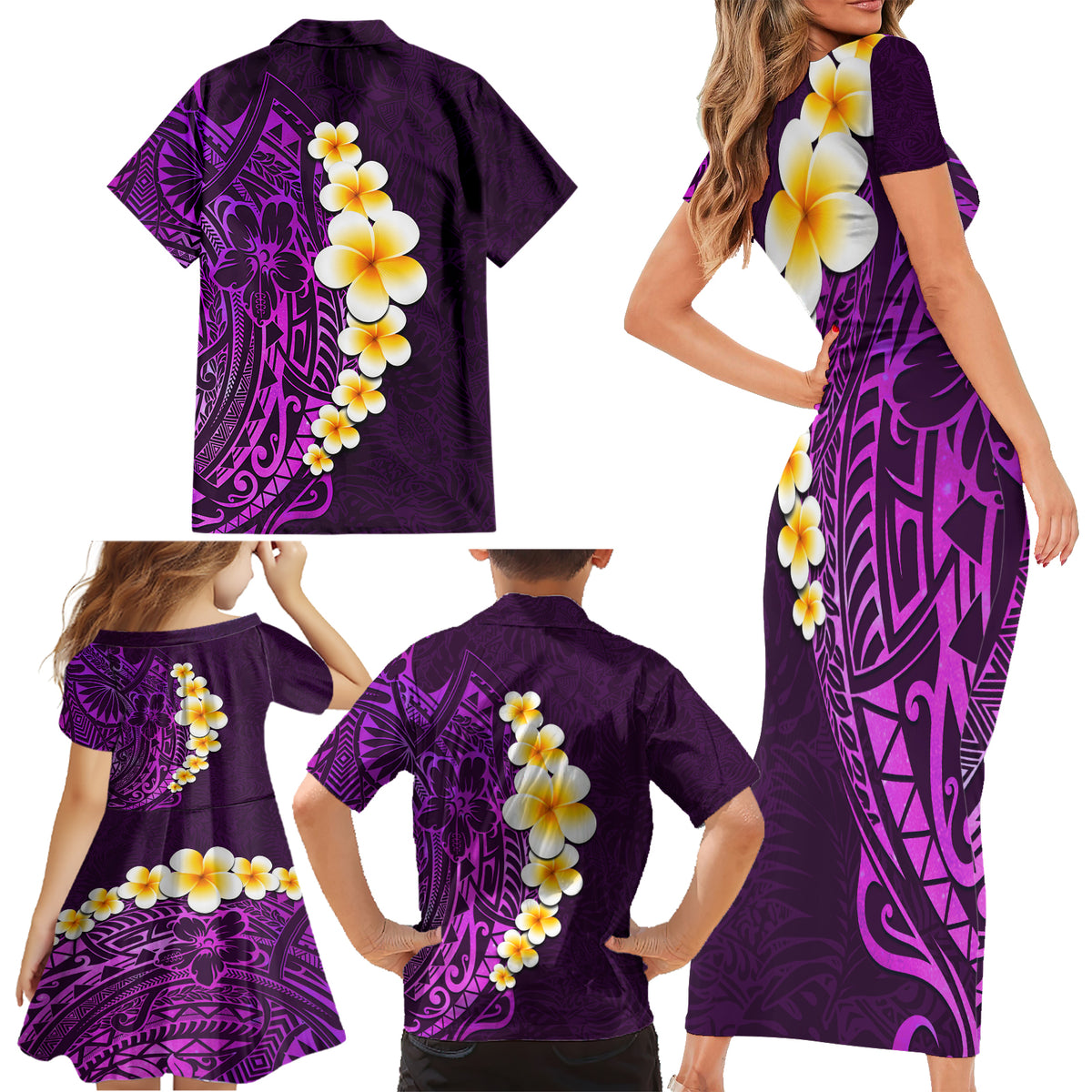 Purple Tropical Plumeria With Galaxy Polynesian Art Family Matching Short Sleeve Bodycon Dress and Hawaiian Shirt LT14 - Polynesian Pride