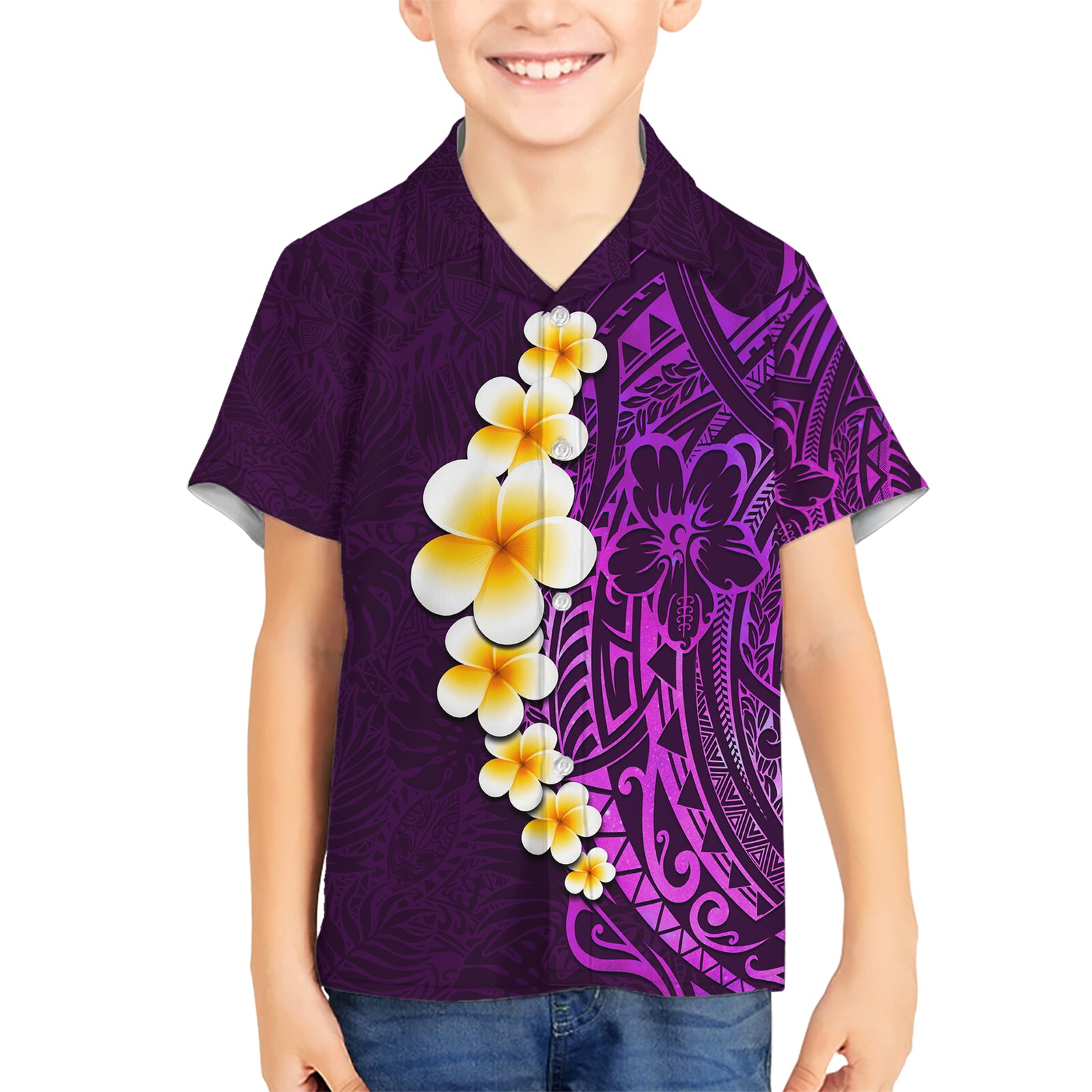 Purple Tropical Plumeria With Galaxy Polynesian Art Kid Hawaiian Shirt LT14 Kid Purple - Polynesian Pride