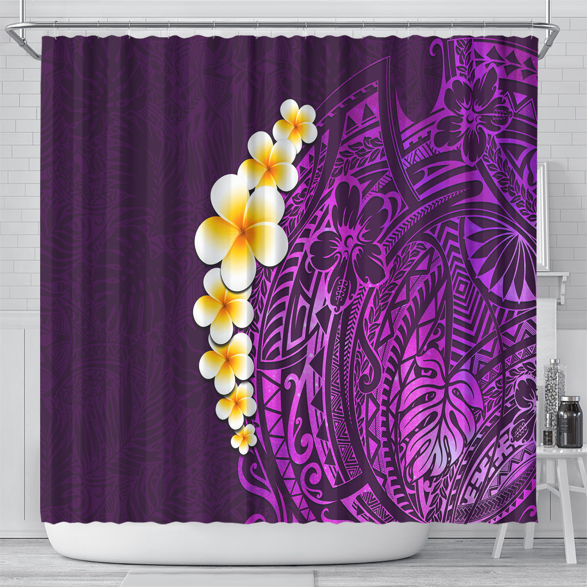 Purple Tropical Plumeria With Galaxy Polynesian Art Shower Curtain LT14 - Polynesian Pride