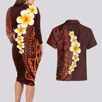 Red Tropical Plumeria With Galaxy Polynesian Art Couples Matching Long Sleeve Bodycon Dress and Hawaiian Shirt LT14 - Polynesian Pride