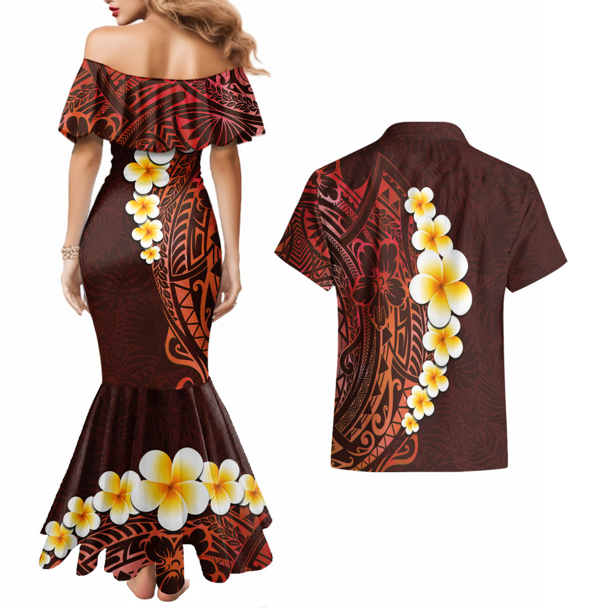 Red Tropical Plumeria With Galaxy Polynesian Art Couples Matching Mermaid Dress and Hawaiian Shirt LT14 - Polynesian Pride