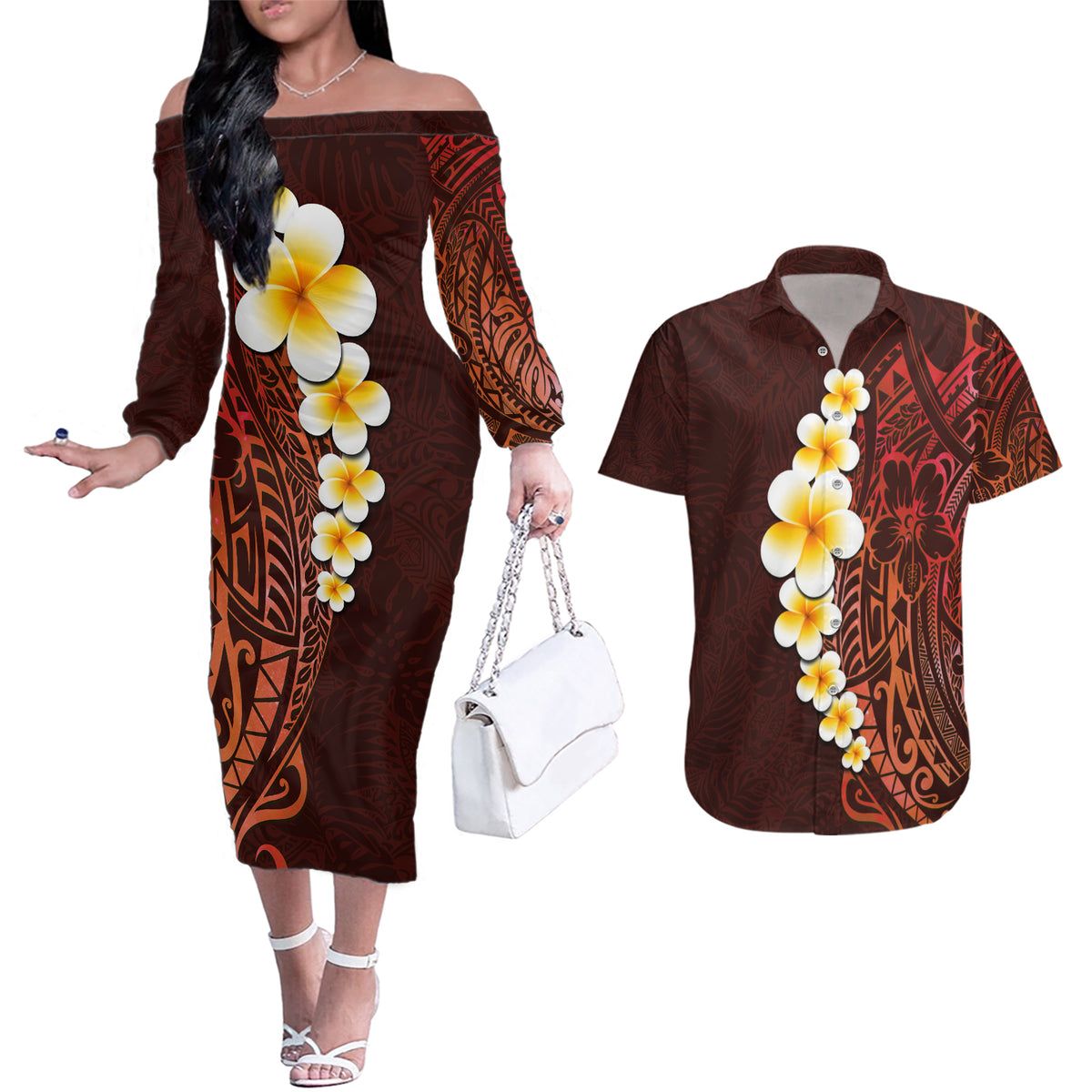 Red Tropical Plumeria With Galaxy Polynesian Art Couples Matching Off The Shoulder Long Sleeve Dress and Hawaiian Shirt LT14 Red - Polynesian Pride